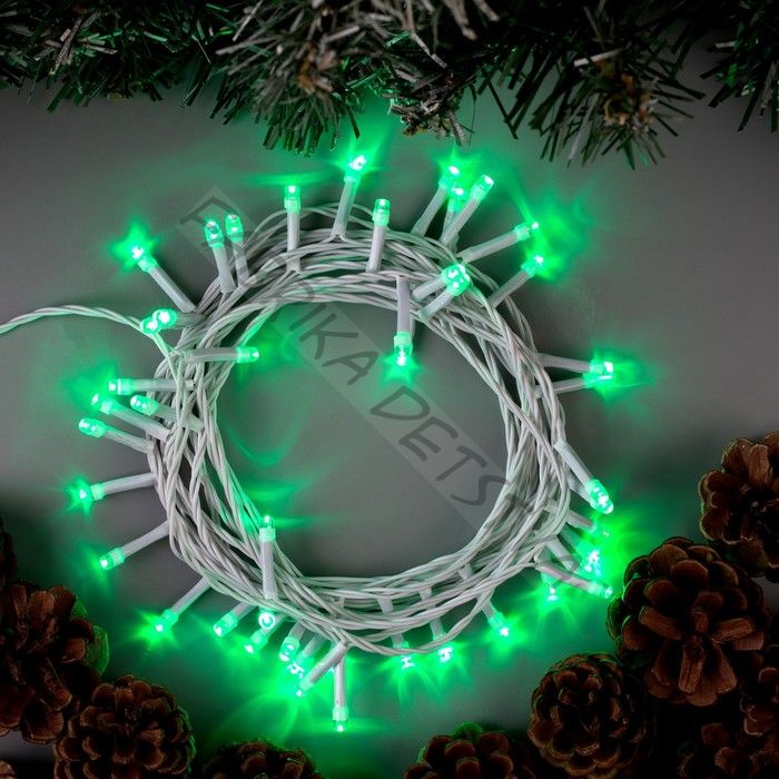 Гирлянда «Нить» 5 м, IP20, белая нить, 50 LED, 8 режимов, 220 В, свечение зелёное
