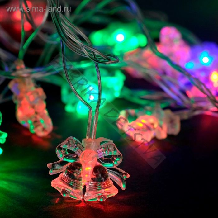 Гирлянда «Нить» 5 м с насадками «Два колокольчика», IP20, прозрачная нить, 20 LED, свечение мульти (RG/RB), мигание, 220 В