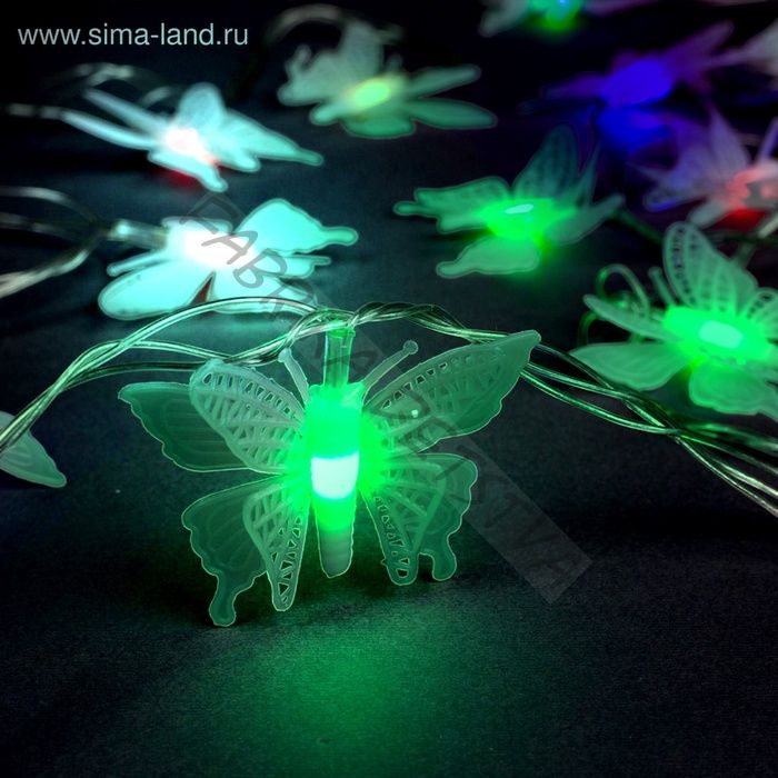 Гирлянда «Нить» 5 м с насадками «Бабочки малые», IP20, прозрачная нить, 20 LED, свечение мульти (RG/RB), мигание, 220 В