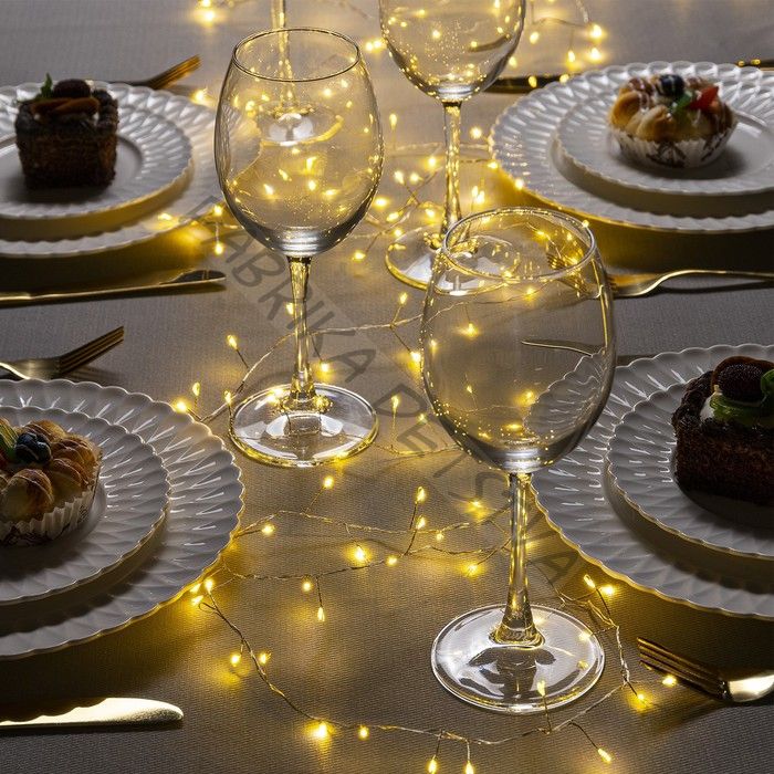 Гирлянда «Мишура» 5 м роса, IP20, серебристая нить, 200 LED, свечение тёплое белое, 12 В