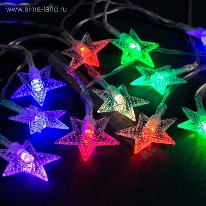 Гирлянда «Нить» 3 м с насадками «Звёзды», IP20, прозрачная нить, 20 LED, батарейки AAх3 (нет в комплекте), свечение мульти