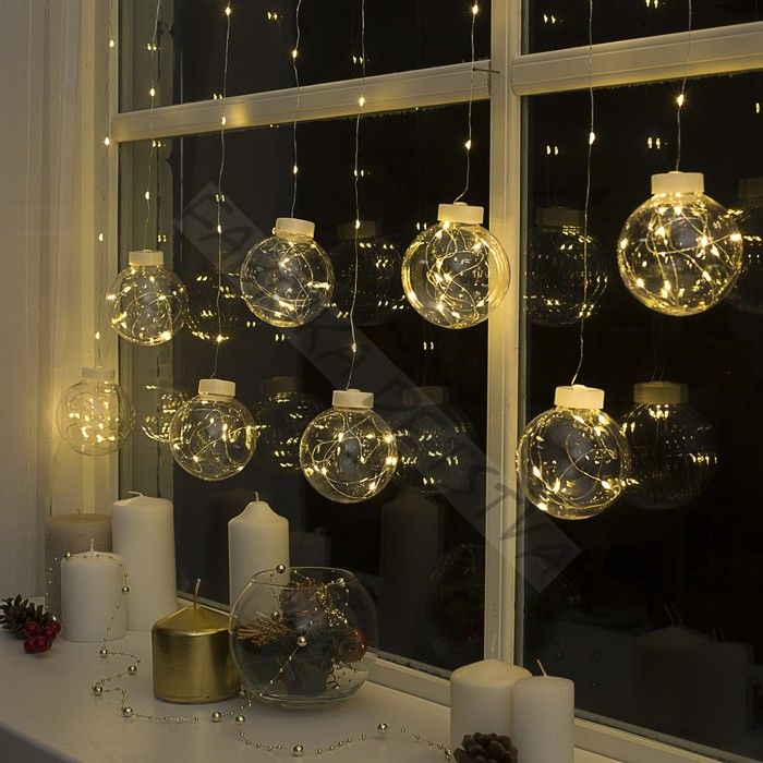 Гирлянда «Бахрома» 2.5 x 0.7 м роса с насадками «Шарики», IP20, серебристая нить, 150 LED, свечение тёплое белое, 12 В