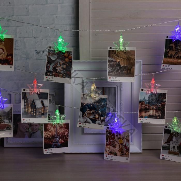 Гирлянда «Нить» 4.5 м с насадками «Прищепки-звёзды», IP20, прозрачная нить, 20 LED, свечение мульти (RG/RB), мигание, 220 В