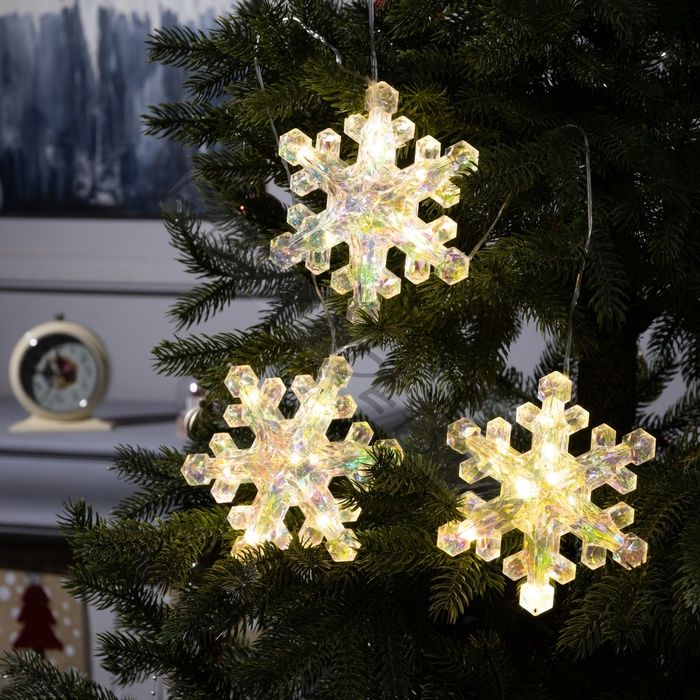 Гирлянда «Нить-грозди» 120 см, нить прозрачная, «Снежинки», 30 LED, 4.5В, батарейки ААх3 (нет в комплекте), свечение тёплое белое