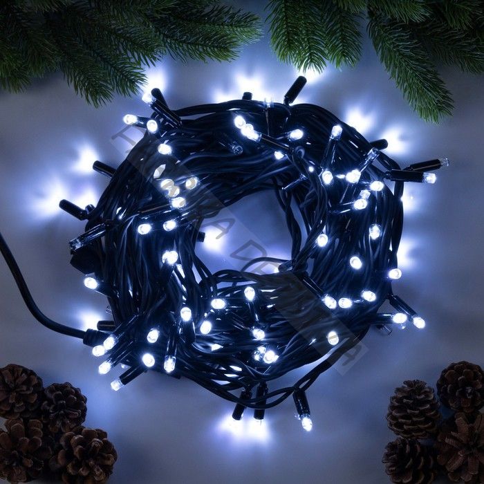 Гирлянда «Нить» 10 м, IP65, УМС, тёмная каучуковая нить, 100 LED, свечение белое, мерцание, 220 В