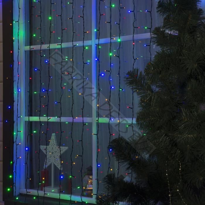 Гирлянда "Занавес" 2 х 6 м , IP44, УМС, тёмная нить, 1440 LED, свечение мульти, фиксинг, 220 В