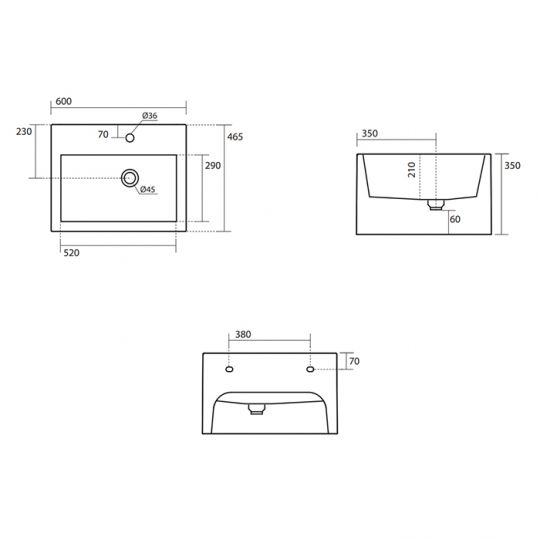 Подвесная раковина Kerasan Lavabi arredo 574001*1, прямоугольная 60x46, 5 см схема 2