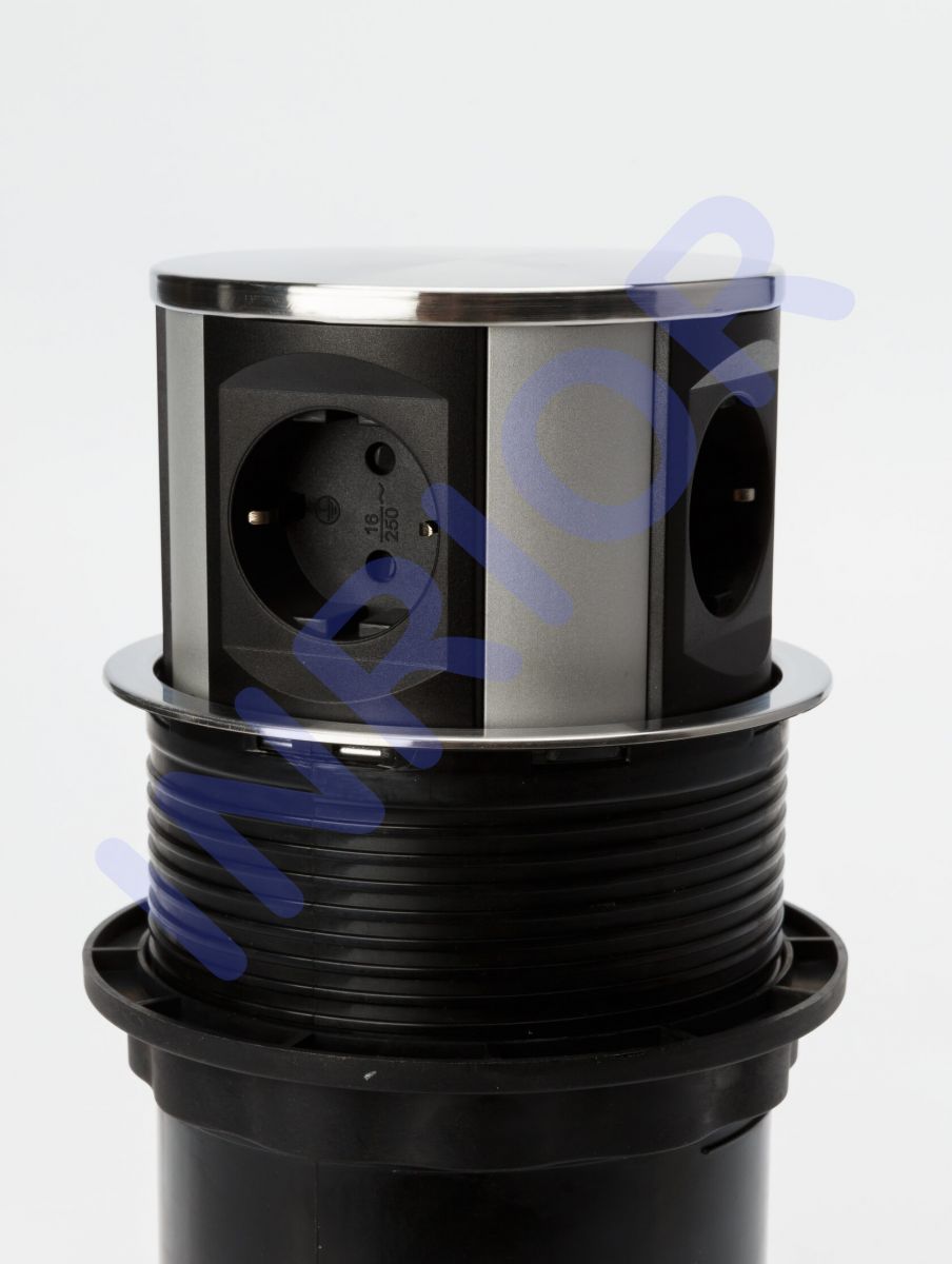 Выдвижной блок розеток, мини колонна MAC-U-S (серебристо-чёрный, крышка из нержавеющей стали, на 3 розетки, 2 USB-A)