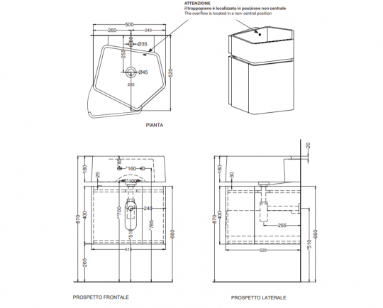 Раковина подвесная Cielo Kanto 55х40х16 см арт. KALSTR/KALSTRSF с переливом схема 3