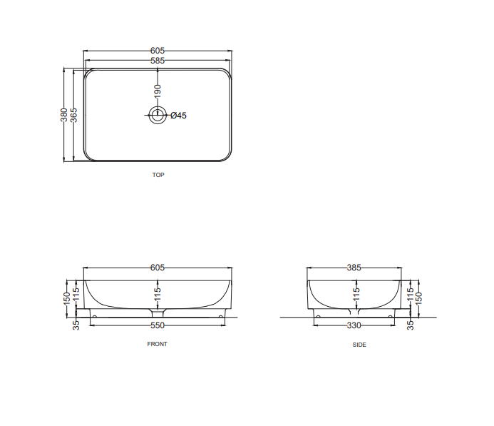Накладная раковина Cielo Mare MRLAR прямоугольная, 60х38х15 см ФОТО