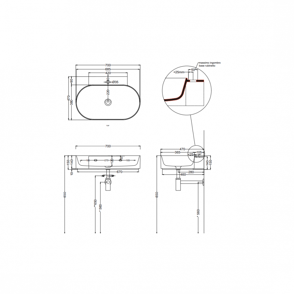 Раковина подвесная Cielo Mare MRLS70/MRLS70SF 70х47х15 см ФОТО