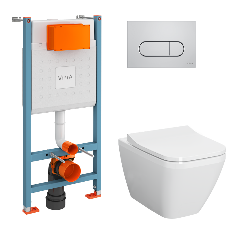 Инсталляция с унитазом VitrA Integra Square комплект 4в1 безободковый, клвиша глянцевый хром 9856B003-7207