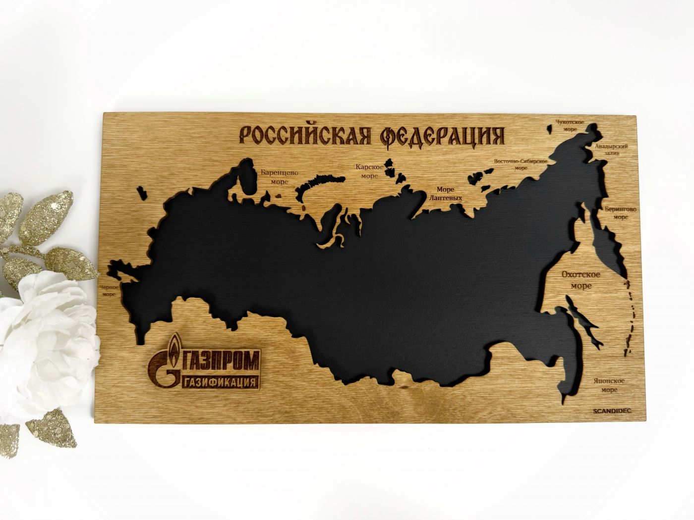 Настольная мини-карта России из дерева, на деревянной подложке