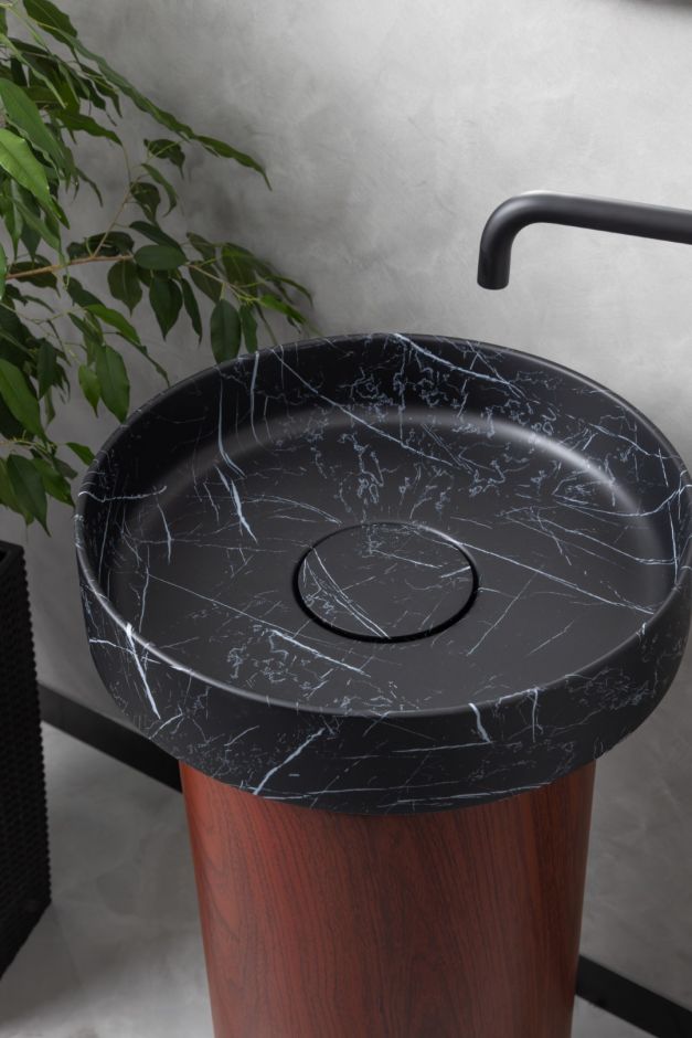 Напольная раковина Sole Corian 40x13 см, мраморная раковина, деревянный пьедестал ФОТО