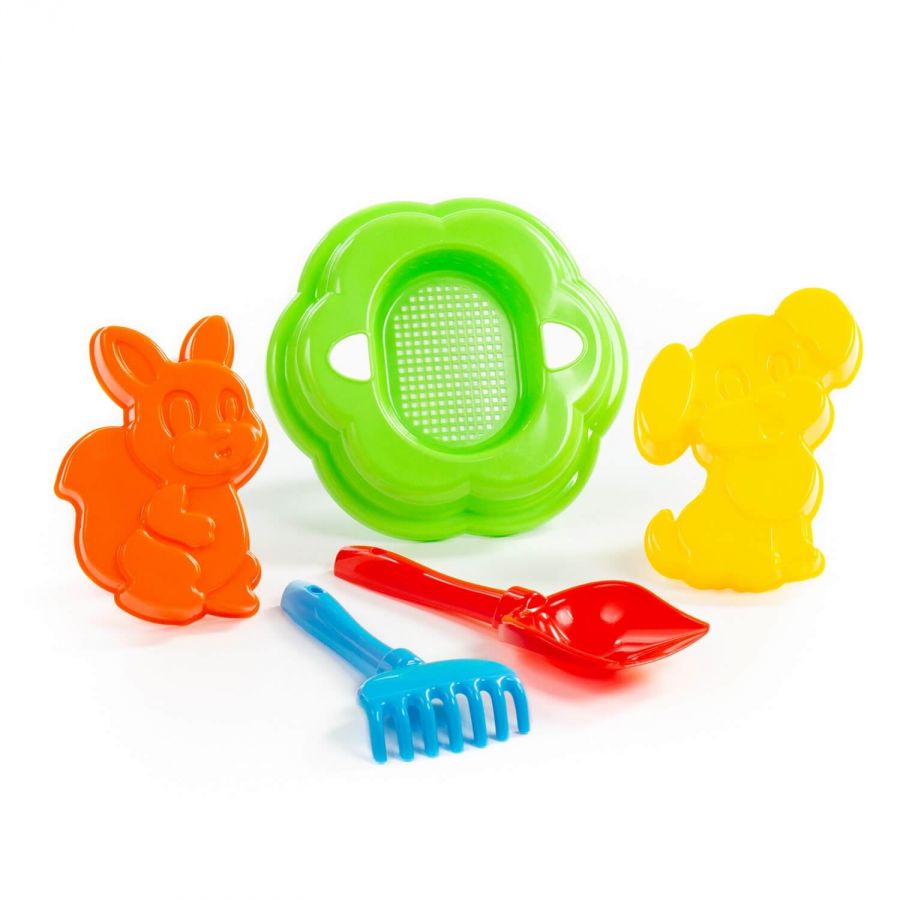 Набор №88: ситечко-цветок большое, лопатка №5, грабельки №5, формочки (белочка + пёсик)