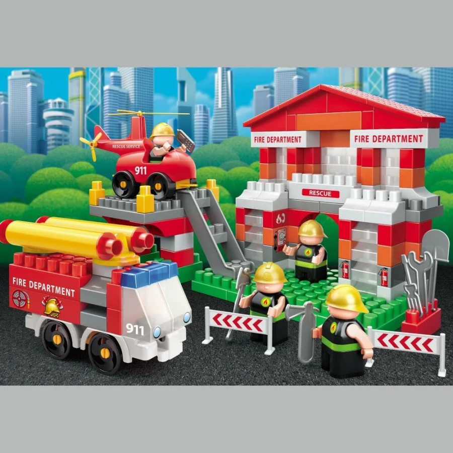 Конструктор "Пожарная часть", набор с пожарной машиной и вертолетом