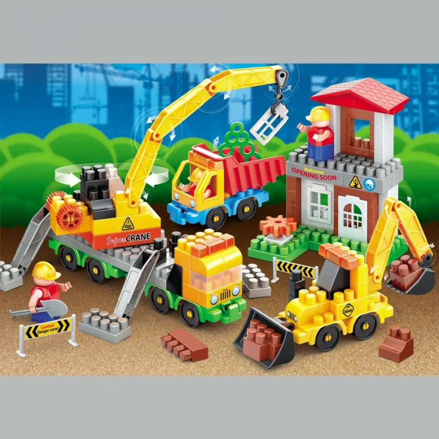 Конструктор "Стройка" Набор строительная площадка с автокраном, грузовиком и трактором