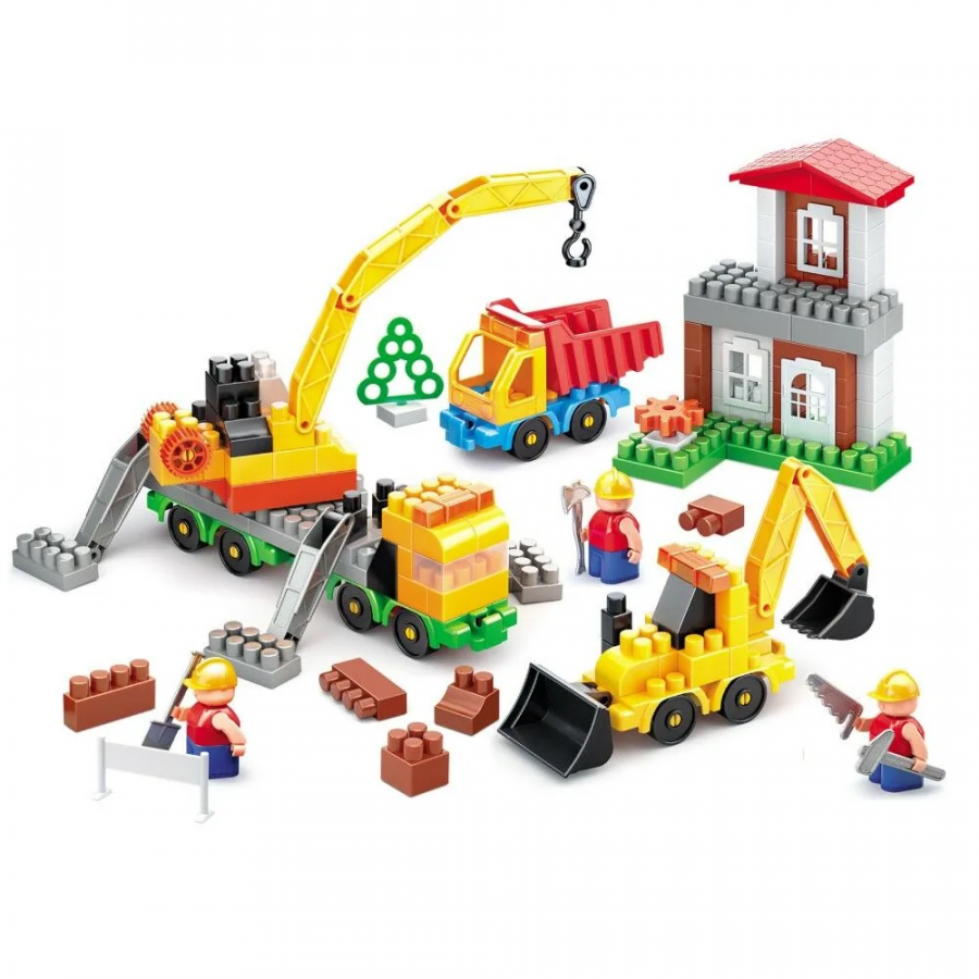 Конструктор "Стройка" Набор строительная площадка с автокраном, грузовиком и трактором