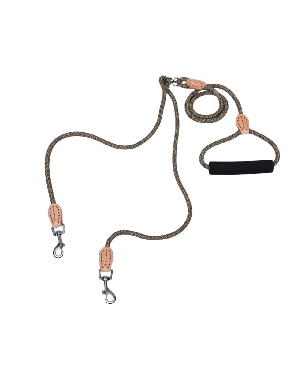 Поводок 8 мм со своркой на 2 собак, полиэстер и натуральная кожа, 73 + 2х57 см, бежевый