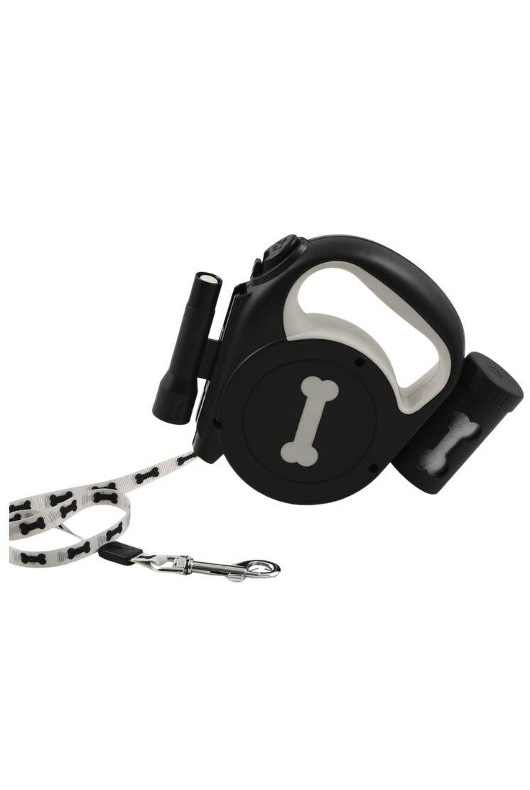 Рулетка «Косточка» с фонарем и отсеком для пакетов, 4,5 м, вес животного до 20 кг, черная
