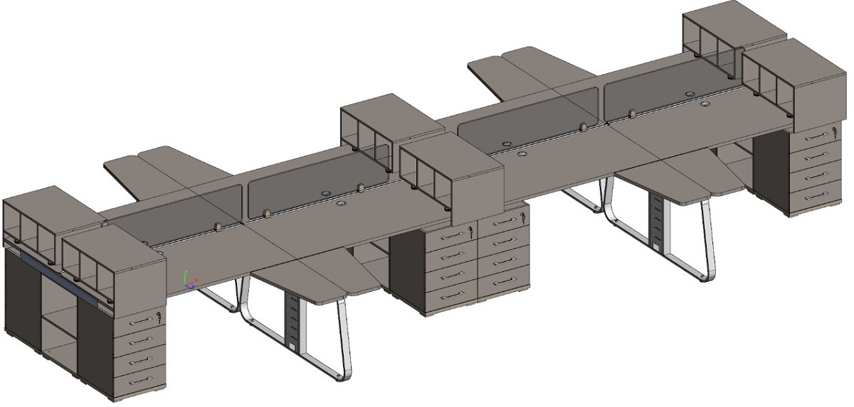 Бенч на 8 мест 6 контейнеров, 8 опорных тумб, 4 открытых вставки и экраны из оргстекла