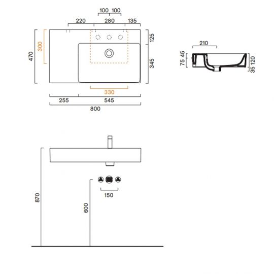 Раковина Catalano Premium 220831001 80x47 см чаша справа с 1 отверстием цвет белый глянцевый схема 2