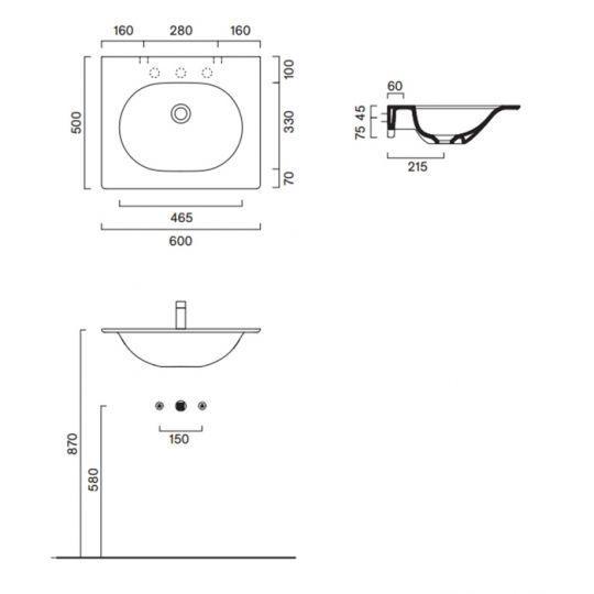 Раковина Catalano Sfera 520611021 60x50 см с 1 отверстием цвет белый матовый схема 2