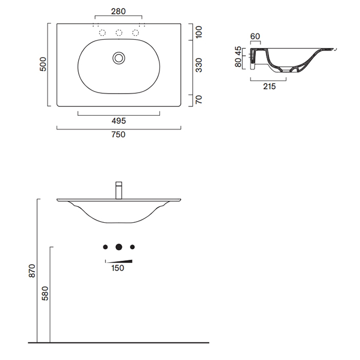 Раковина Catalano Sfera 520761023 75x50 см с 1 отверстием цвет Cemento Satinato ФОТО