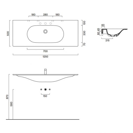 Раковина Catalano Sfera 521260022 125x50 см без отверстий цвет черный матовый схема 2