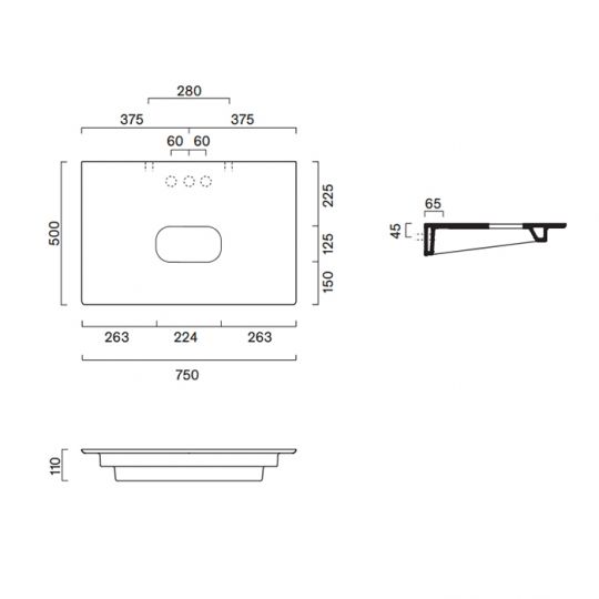 Столешница керамическая Catalano 830750022 75x50см с отверстием  цвет: черный матовый схема 2
