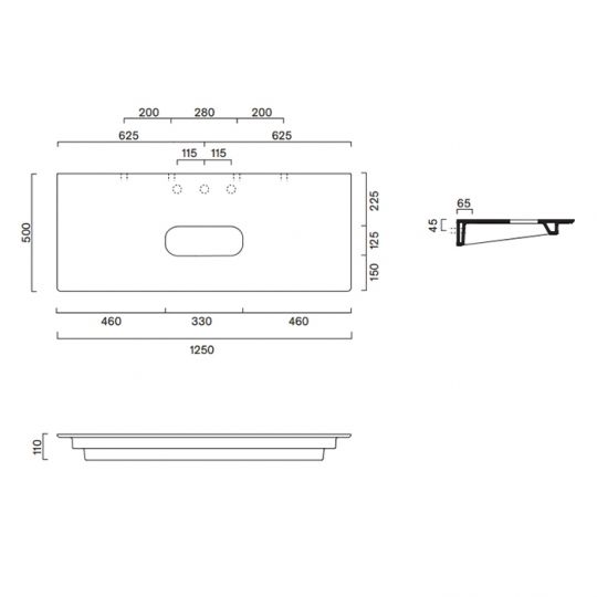 Столешница керамическая Catalano 831250023 125x50см с отверстием  цвет: Cemento Satinato схема 2