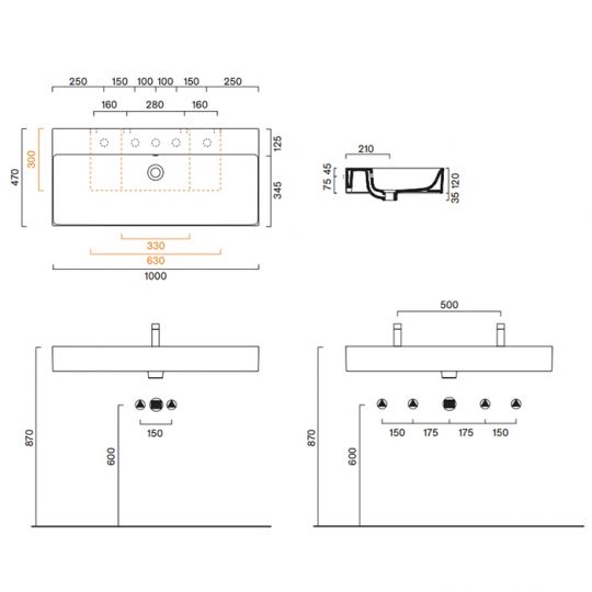 Раковина подвесная Catalano PREMIUM 221001001 100x47 см покрытие Cataglaze+ схема 7