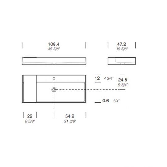 Раковина накладная NOORTH Milldue edition MAN 108 108,4х47,2х12 см из CRISTALPLANT с 1 отв для смесителя, цвет белый матовый схема 2