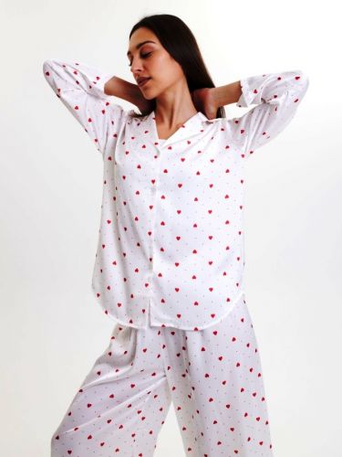 Пижама шелк с брюками  AIPINGNA 5308 (белые сердечки )