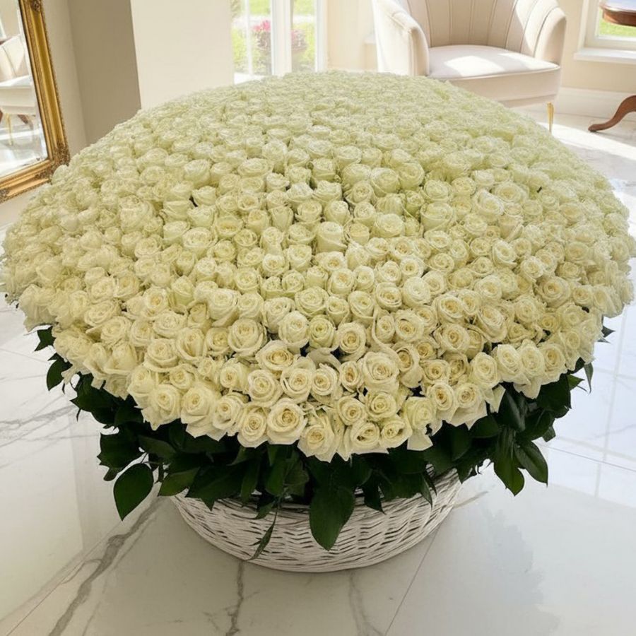 1001 роза в корзине (Белая)
