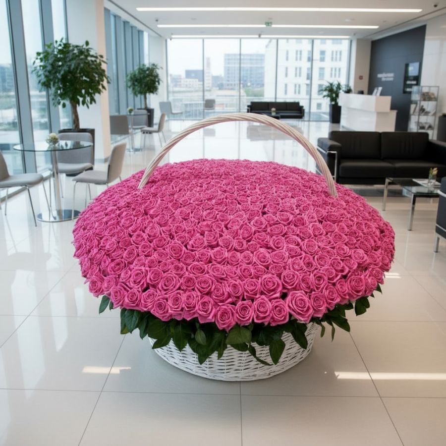 1001 роза в корзине (Розовая)