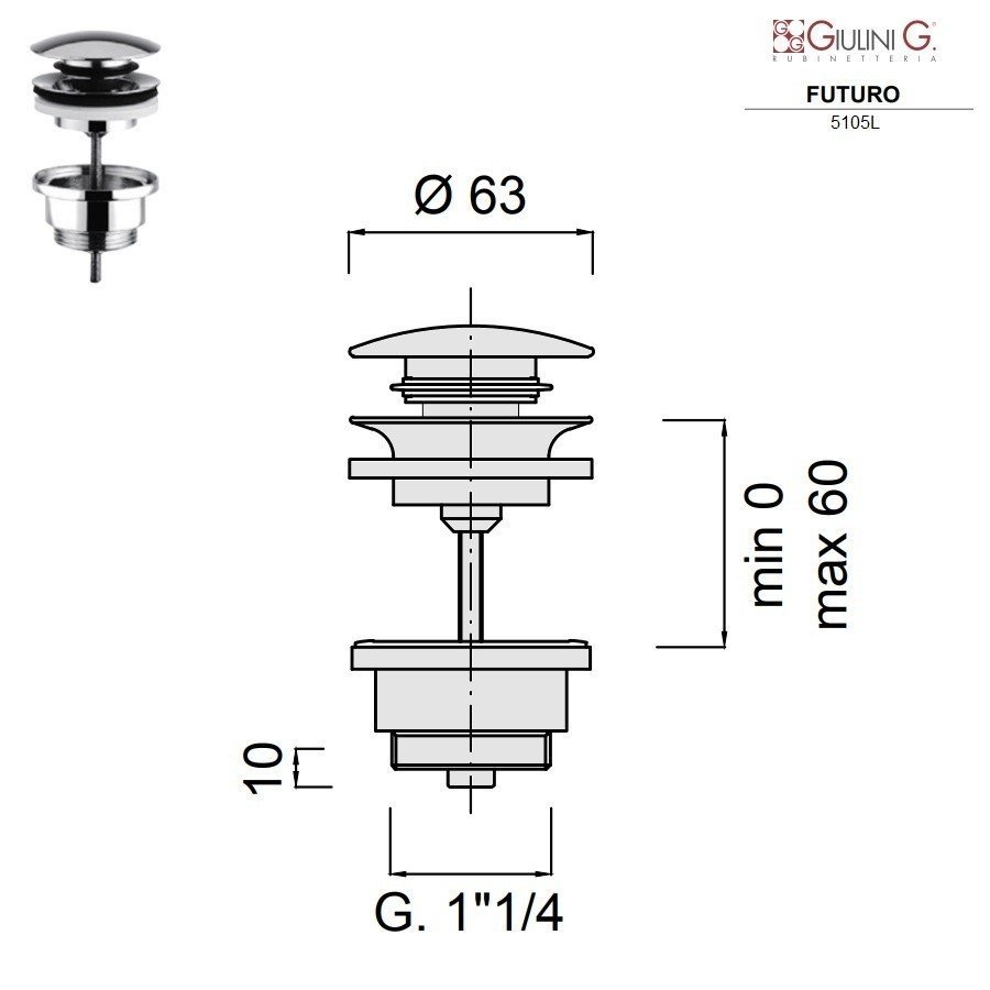 Донный клапан Giulini F5105L универсальный, нержавеющая сталь ФОТО