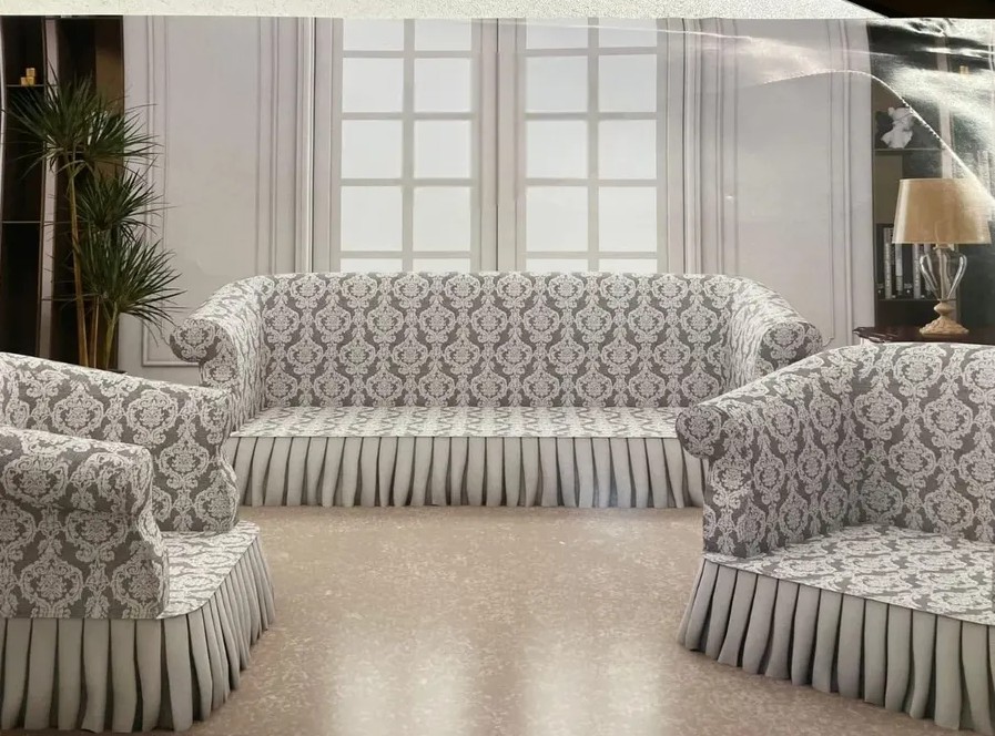 Комплект чехлов на 3-х местный диван и 2 кресла с оборкой Жаккард ,светло-серый меланж