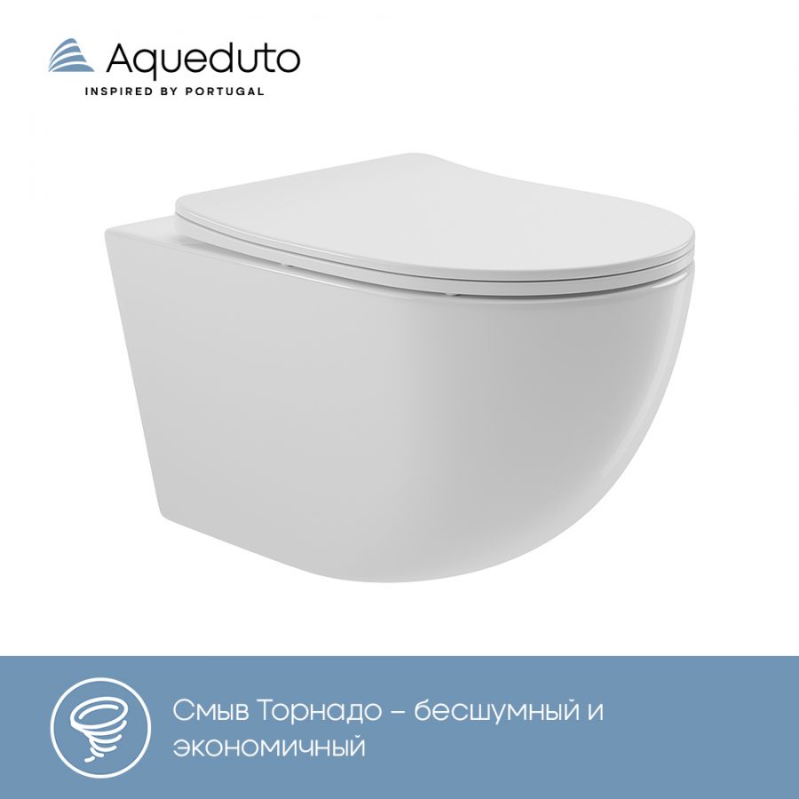 Aqueduto OVO Tornado Унитаз подвесной 525*360 безободковый, Tornado, сиденье c микролифтом, белый глянцевый