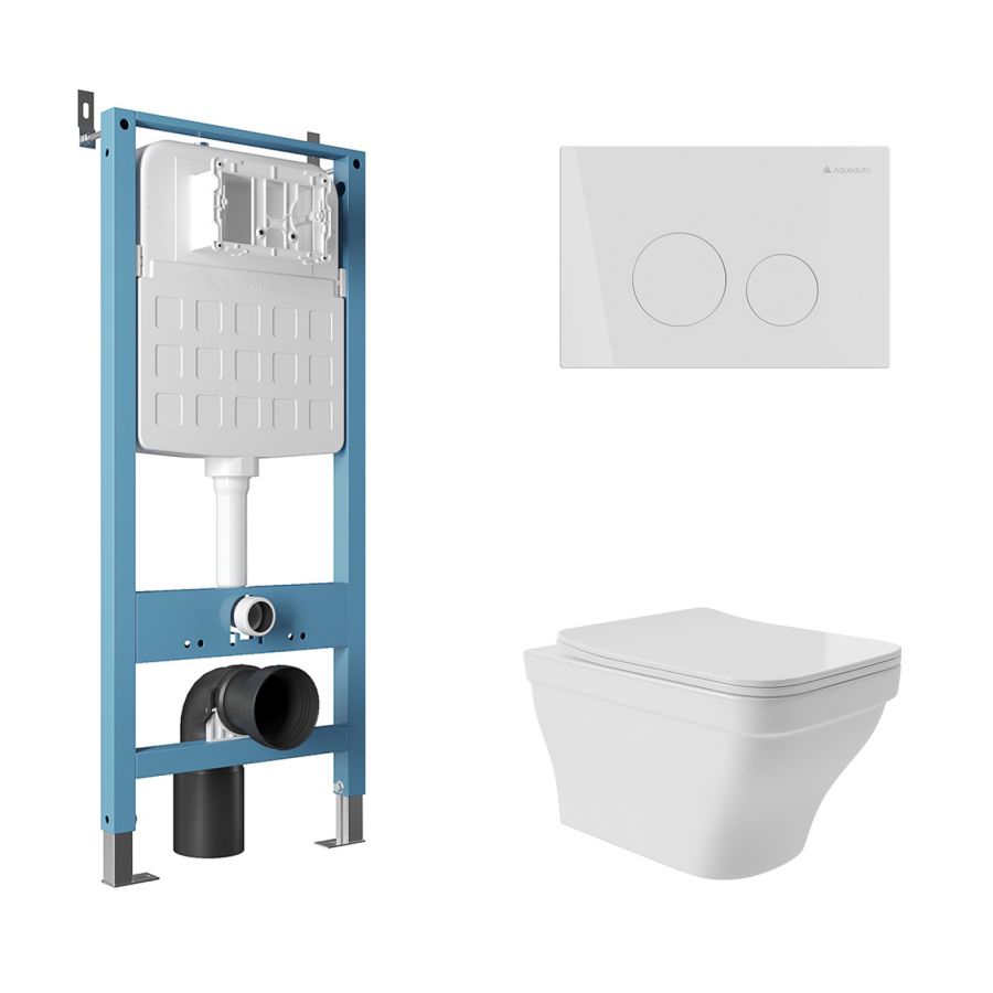 Aqueduto комплект:  TECNICA Novo Система инсталляции для подвесного унитаза, CIRCULO Панель смыва, белый глянцевый, ESTETA Унитаз подвесной 520*370 безободковый, сиденье с микролифтом, белый глянцевый