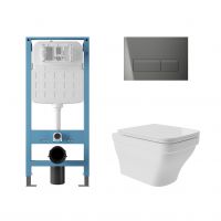 Aqueduto комплект: TECNICA Novo Система инсталляции для подвесного унитаза, RETANGULO Novo Панель смыва, Gun Metal, ESTETA Унитаз подвесной 520*370 безободковый, сиденье с микролифтом, белый глянцевый