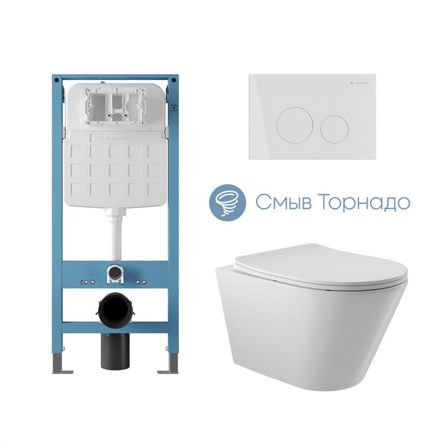Aqueduto комплект: TECNICA Novo Система инсталляции для подвесного унитаза, CIRCULO Панель смыва, белый глянцевый, CONE Tornado Унитаз подвесной 525*360 безободковый, Tornado, сиденье с микролифтом, белый глянцевый