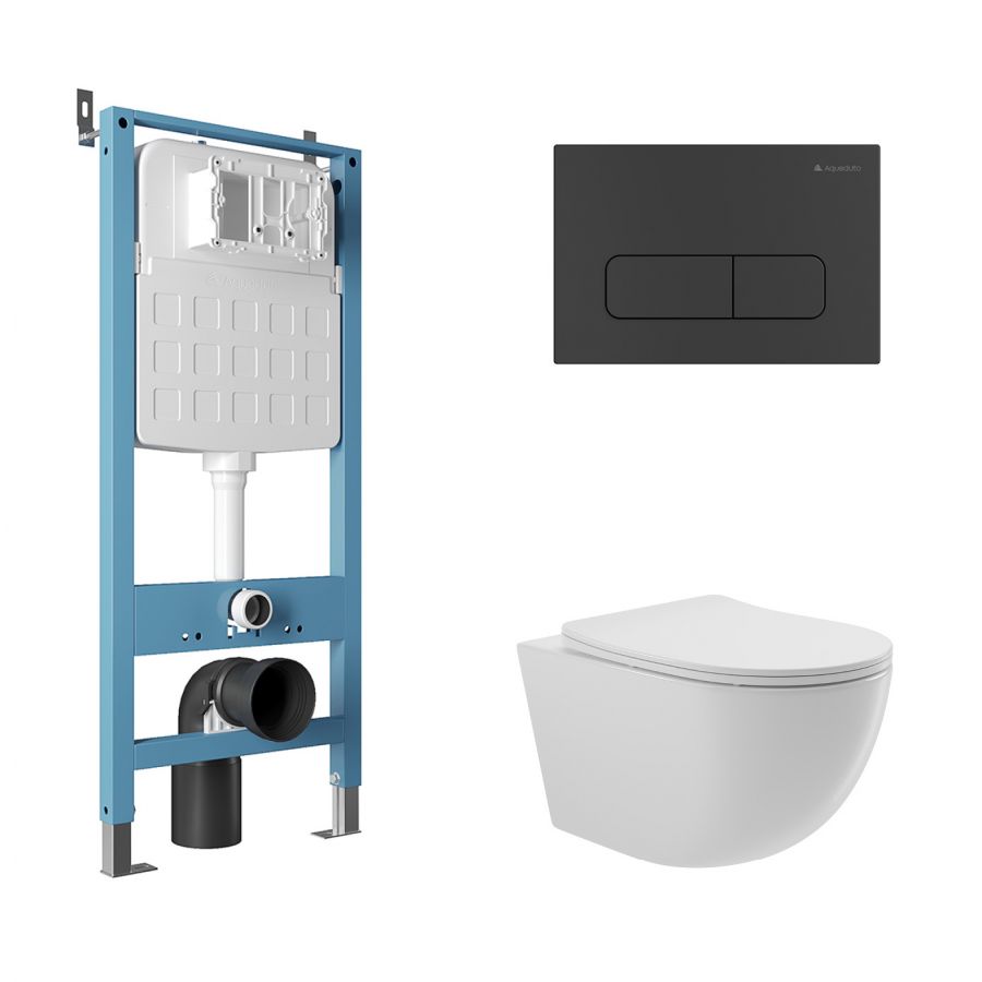 Aqueduto комплект: TECNICA Novo Система инсталляции для подвесного унитаза, FORMA Панель смыва, черный матовый, OVO Унитаз подвесной 525*360 безободковый, сиденье с микролифтом, белый глянцевый