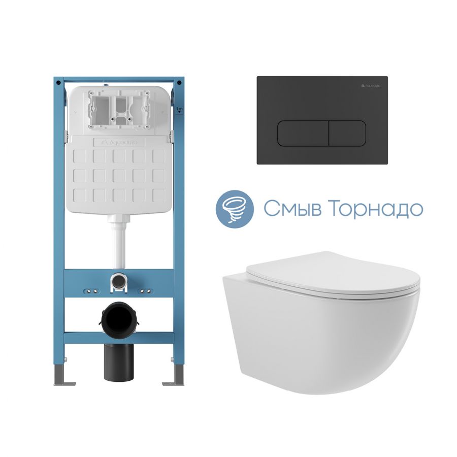Aqueduto комплект: TECNICA Novo Система инсталляции для подвесного унитаза, FORMA Панель смыва, черный матовый, OVO Tornado Унитаз подвесной 525*360 безободковый, Tornado, сиденье с микролифтом, белый глянцевый