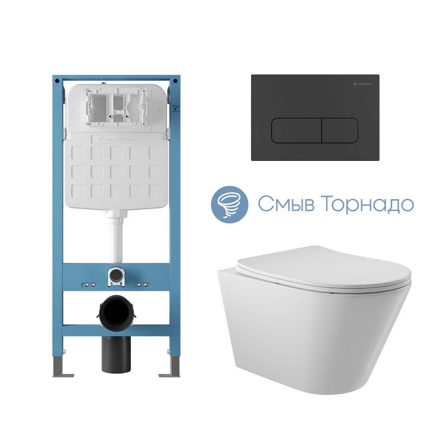 Aqueduto комплект: TECNICA Novo Система инсталляции для подвесного унитаза, FORMA Панель смыва, черный матовый, CONE Tornado Унитаз подвесной 525*360 безободковый, Tornado, сиденье с микролифтом, белый глянцевый