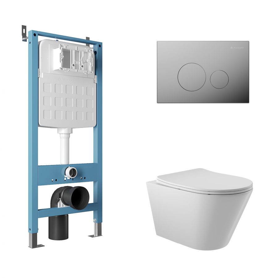 Aqueduto комплект:  TECNICA Novo Система инсталляции для подвесного унитаза,  CIRCULO Novo  Панель смыва, хром,CONE Унитаз подвесной 525*360 безободковый, сиденье с микролифтом, белый глянцевый