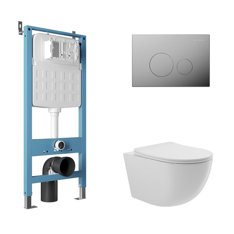 Aqueduto комплект:  TECNICA Novo Система инсталляции для подвесного унитаза,  CIRCULO Novo  Панель смыва, хром,OVO Унитаз подвесной 525*360 безободковый, сиденье с микролифтом, белый глянцевый