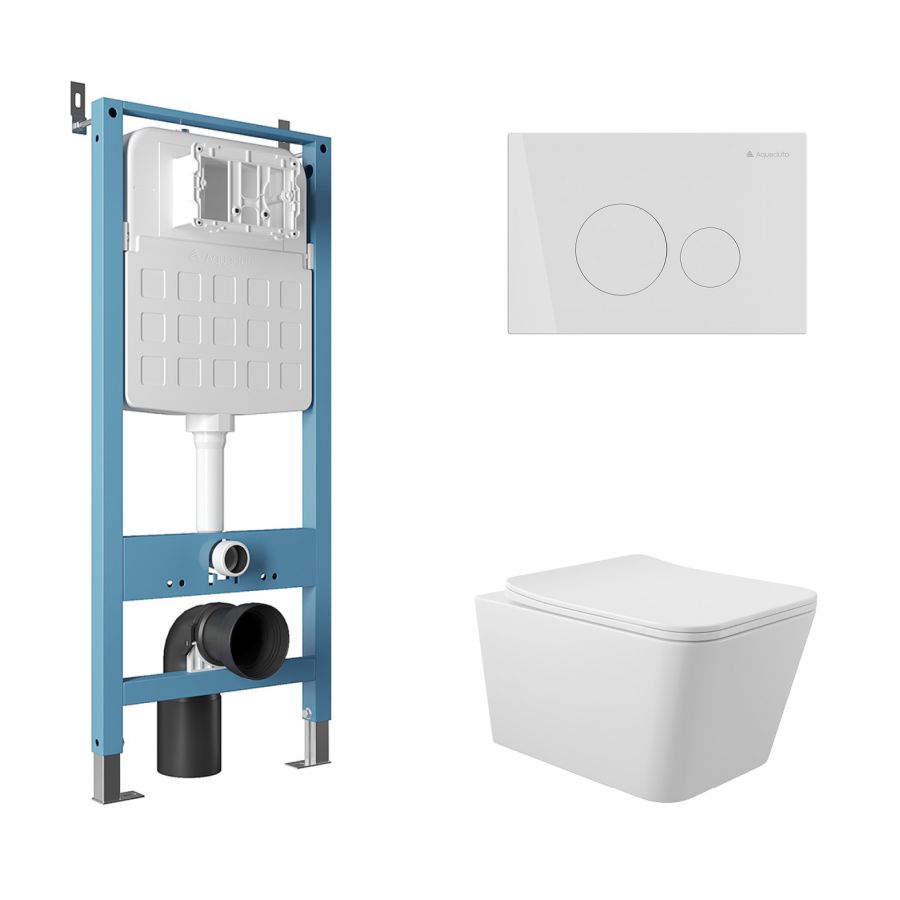 Aqueduto комплект:  TECNICA Novo Система инсталляции для подвесного унитаза,  CIRCULO Novo  Панель смыва, белый глянцевый,MACIO Унитаз подвесной 520*370 безободковый, сиденье с микролифтом, белый глянцевый