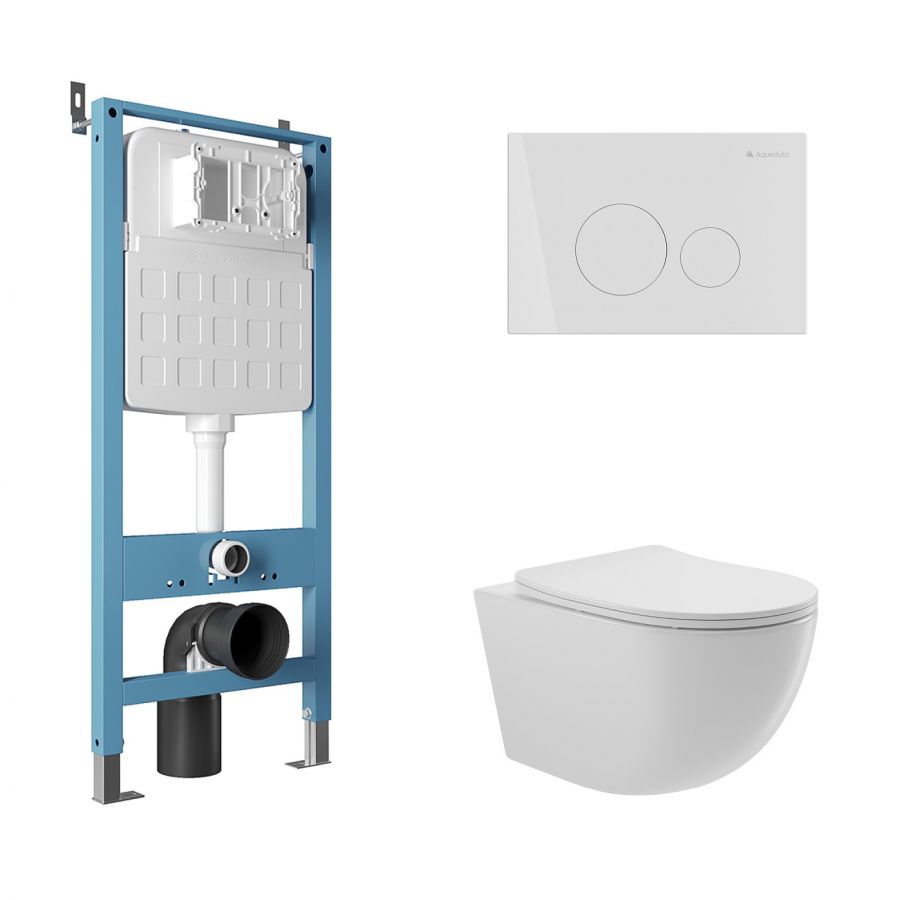 Aqueduto комплект:  TECNICA Novo Система инсталляции для подвесного унитаза,  CIRCULO Novo  Панель смыва, белый глянцевый,OVO Унитаз подвесной 525*360 безободковый, сиденье с микролифтом, белый глянцевый
