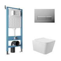 Aqueduto комплект:  TECNICA Novo Система инсталляции для подвесного унитаза, RETANGULO Novo, Панель смыва, хром,MACIO Унитаз подвесной 520*370 безободковый, сиденье с микролифтом, белый глянцевый